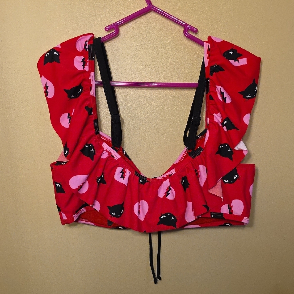 Unique Vintage Red Top w/Black Cat & Pink Heart Print Bikini, Emily the Strange - Picture 4 of 16
